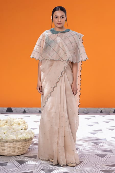 Janki India_Ivory Chanderi Embroidery Round Neck, Collared Organza Saree Set With Cape _at_Aza_Fashions