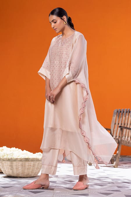Janki India_Rose Gold Satin, Silk Embroidery Round Neck Kaftan Set _Online_at_Aza_Fashions