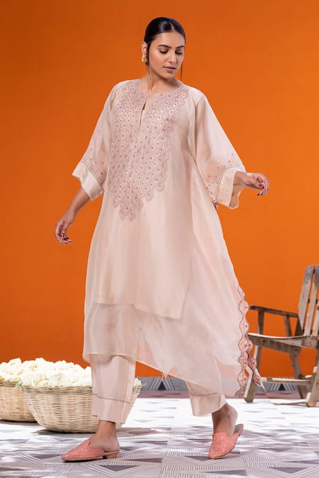 Buy_Janki India_Rose Gold Satin, Silk Embroidery Round Neck Kaftan Set _Online_at_Aza_Fashions