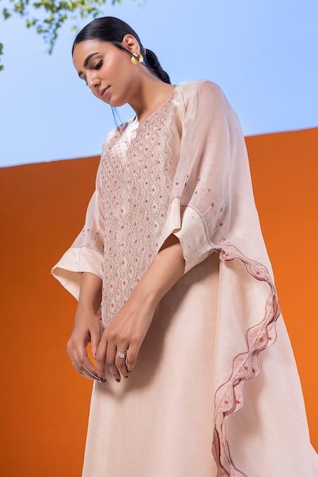 Shop_Janki India_Rose Gold Satin, Silk Embroidery Round Neck Kaftan Set _Online_at_Aza_Fashions