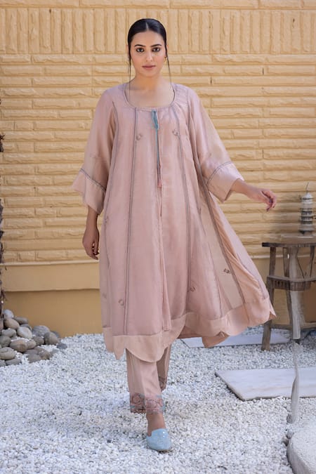 Janki India Rose Gold Chanderi Embroidery V-neck Organza Jacket Set 