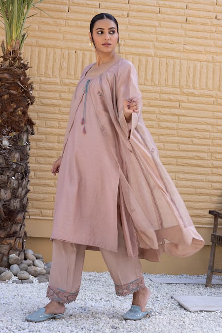 Janki India_Rose Gold Chanderi Embroidery V-neck Organza Jacket Set _at_Aza_Fashions