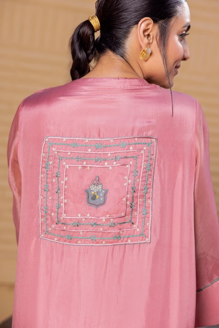 Shop_Janki India_Pink Dupion Embroidery Round Neck Silk Kaftan Set _Online_at_Aza_Fashions
