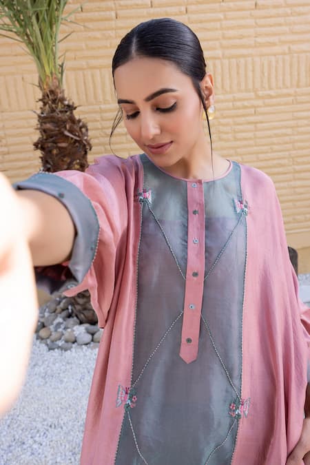 Janki India_Pink Silk Embroidery Collared Baby And Sea Green Organza Kaftan Set _Online_at_Aza_Fashions