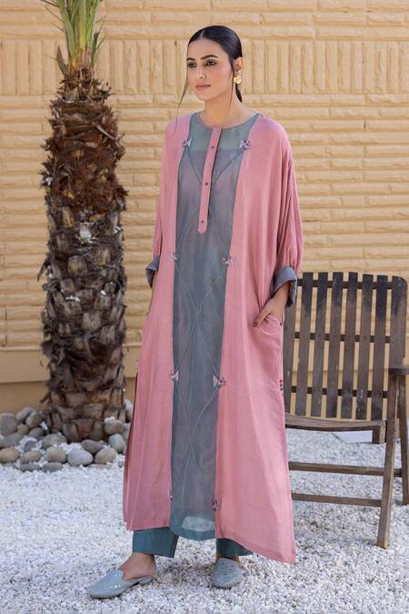 Buy_Janki India_Pink Silk Embroidery Collared Baby And Sea Green Organza Kaftan Set _Online_at_Aza_Fashions
