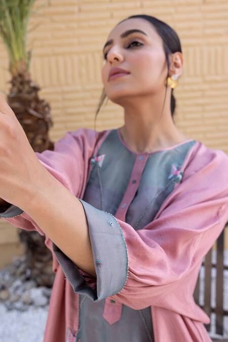 Shop_Janki India_Pink Silk Embroidery Collared Baby And Sea Green Organza Kaftan Set _Online_at_Aza_Fashions