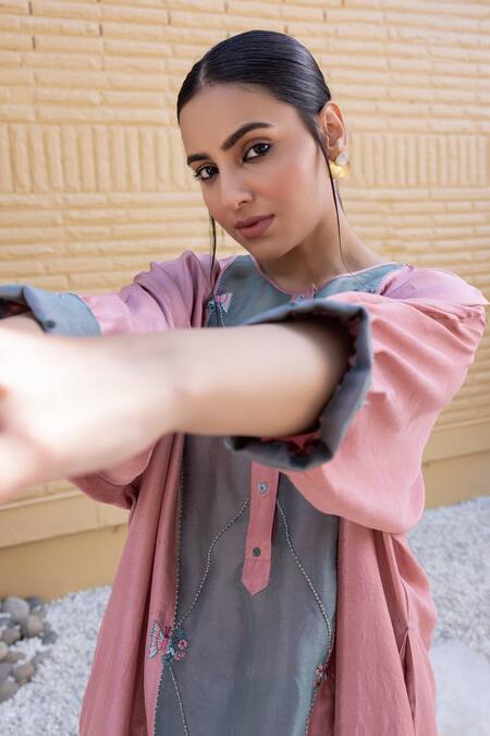 Janki India_Pink Silk Embroidery Collared Baby And Sea Green Organza Kaftan Set _at_Aza_Fashions