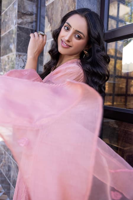 Janki India_Peach Silk, Organza Embroidery Round Neck Chanderi Kurta Set _Online_at_Aza_Fashions