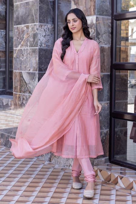 Janki India_Peach Silk, Organza Embroidery Round Neck Chanderi Kurta Set _at_Aza_Fashions