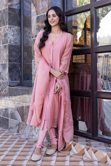 Buy_Janki India_Peach Silk, Organza Embroidery Round Neck Chanderi Kurta Set 
