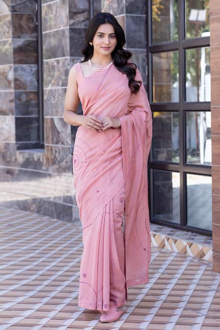 Janki India_Peach Chanderi Embroidery Round Neck Saree With Blouse _at_Aza_Fashions