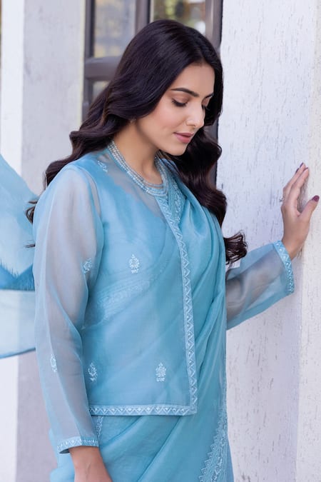Janki India_Sky Blue Silk Embroidery Round Neck Chanderi Saree With Blouse _Online_at_Aza_Fashions