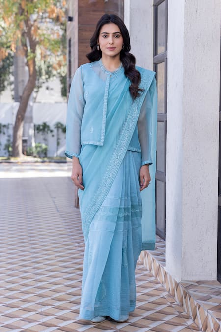 Shop_Janki India_Sky Blue Silk Embroidery Round Neck Chanderi Saree With Blouse _Online_at_Aza_Fashions