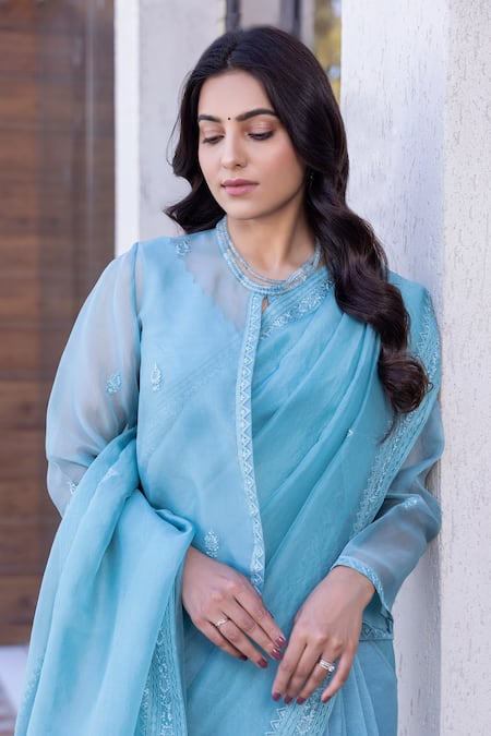 Janki India_Sky Blue Silk Embroidery Round Neck Chanderi Saree With Blouse _at_Aza_Fashions