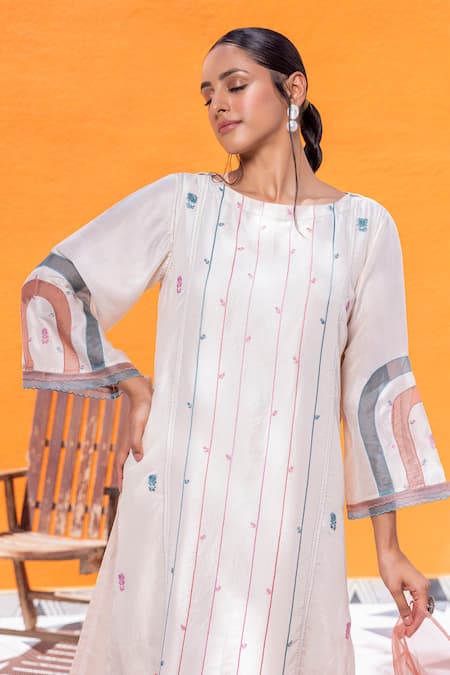 Shop_Janki India_Ivory Dupion Embroidery Round Neck Silk Kurta Set _Online_at_Aza_Fashions
