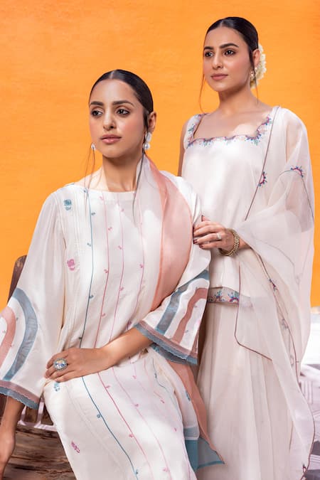 Janki India_Ivory Dupion Embroidery Round Neck Silk Kurta Set _at_Aza_Fashions