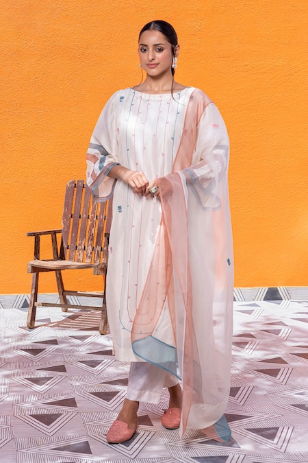 Janki India Ivory Dupion Embroidery Round Neck Silk Kurta Set 