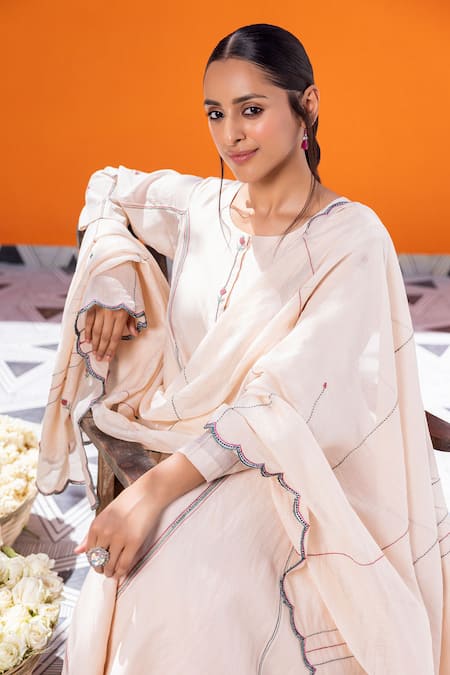 Janki India_Ivory Chanderi Embroidery Round Neck Kurta Set _Online_at_Aza_Fashions