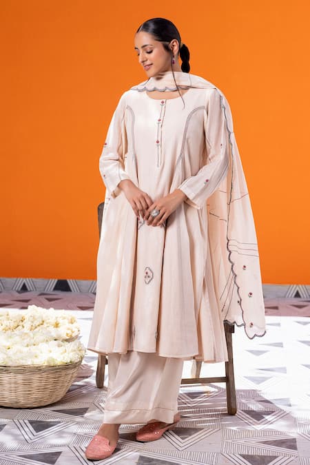 Buy_Janki India_Ivory Chanderi Embroidery Round Neck Kurta Set _Online_at_Aza_Fashions