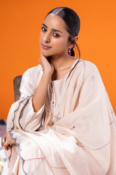 Shop_Janki India_Ivory Chanderi Embroidery Round Neck Kurta Set _Online_at_Aza_Fashions