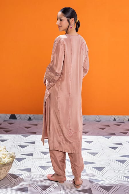 Janki India Rose Gold Silk Embroidered Kurta Set 