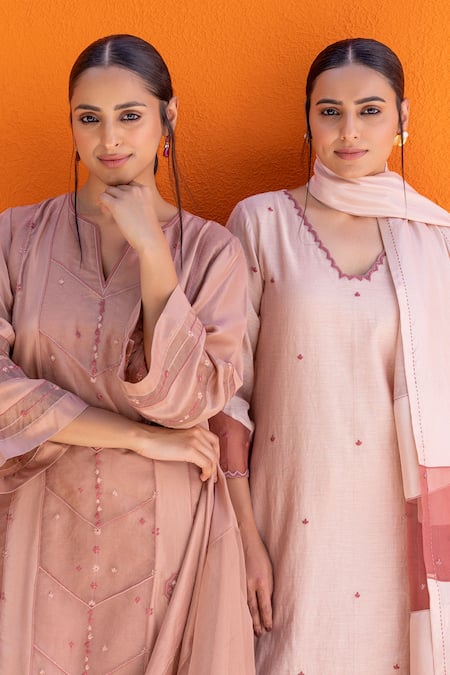 Shop_Janki India_Rose Gold Chanderi Embroidery Round Neck Silk Kurta Set _Online_at_Aza_Fashions