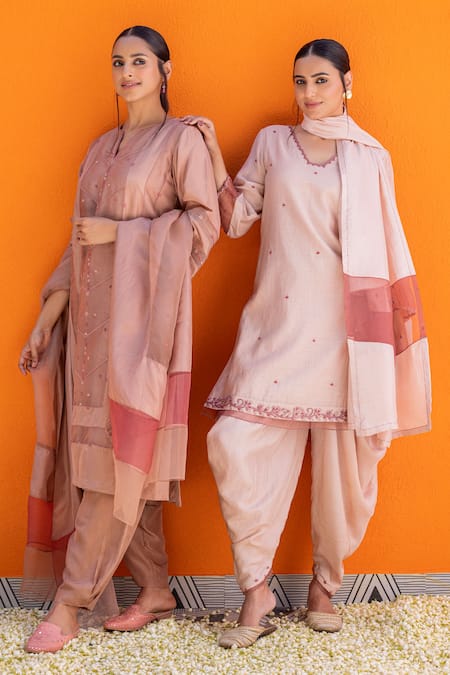 Janki India_Rose Gold Chanderi Embroidery Round Neck Silk Kurta Set _at_Aza_Fashions