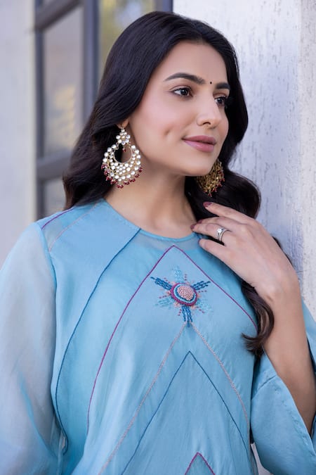 Shop_Janki India_Sky Blue Silk Embroidery Round Neck Organza Kaftan Set _Online_at_Aza_Fashions