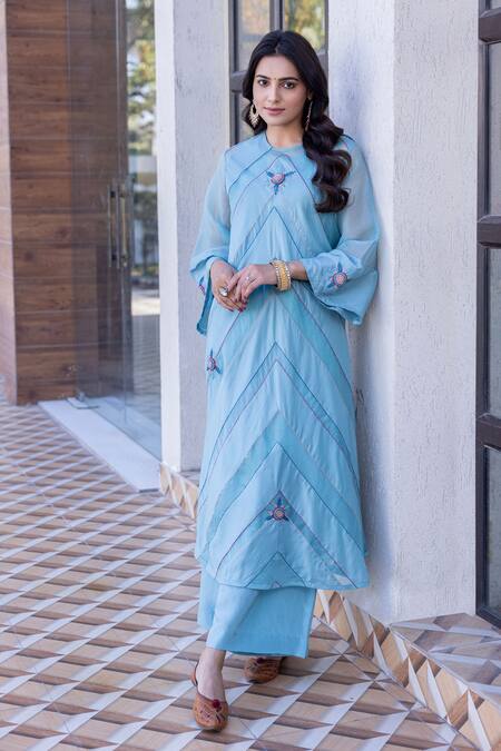 Buy_Janki India_Sky Blue Silk Embroidery Round Neck Organza Kaftan Set 