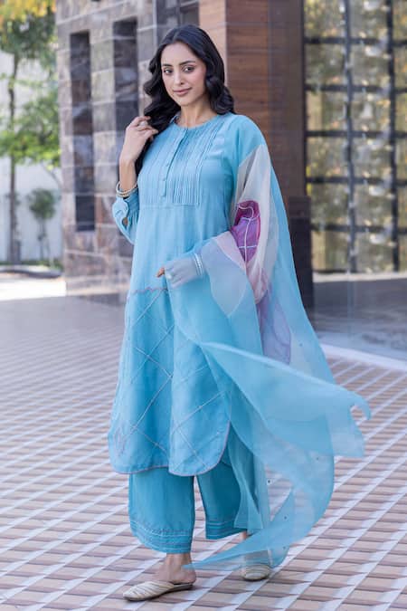 Janki India_Sky Blue Silk Embroidery Round Neck Chanderi Kurta Set _Online_at_Aza_Fashions