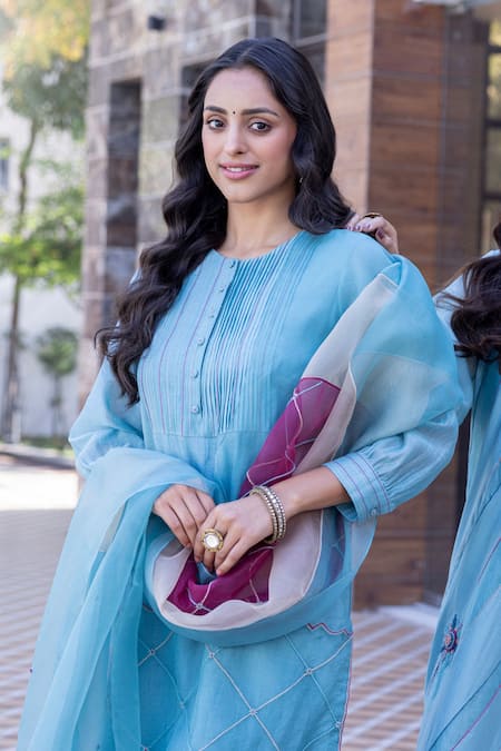 Buy_Janki India_Sky Blue Silk Embroidery Round Neck Chanderi Kurta Set _Online_at_Aza_Fashions