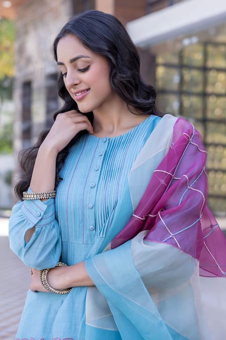 Shop_Janki India_Sky Blue Silk Embroidery Round Neck Chanderi Kurta Set _Online_at_Aza_Fashions