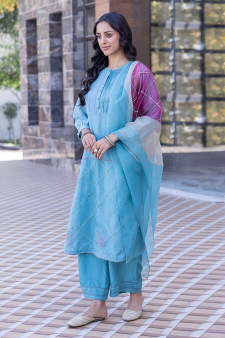 Janki India_Sky Blue Silk Embroidery Round Neck Chanderi Kurta Set _at_Aza_Fashions