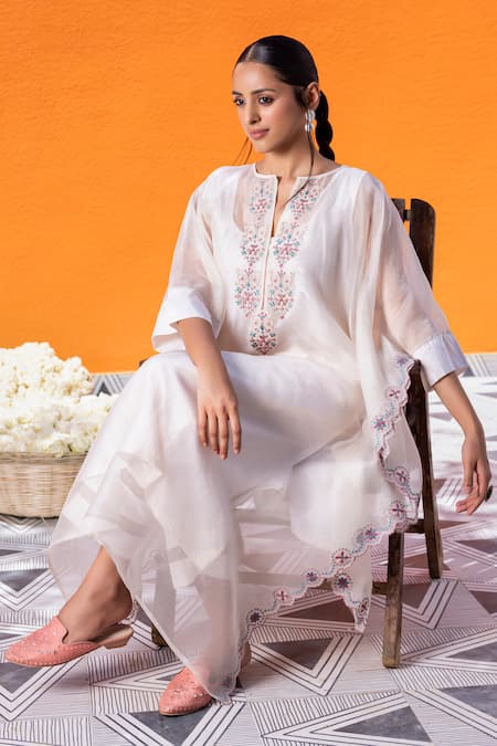 Shop_Janki India_Ivory Satin, Silk Embroidery Notched Neck Organza Kaftan Set _Online_at_Aza_Fashions