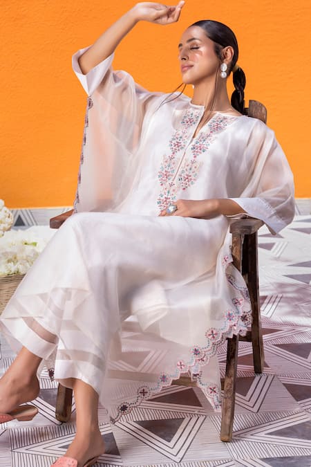 Janki India_Ivory Satin, Silk Embroidery Notched Neck Organza Kaftan Set _at_Aza_Fashions