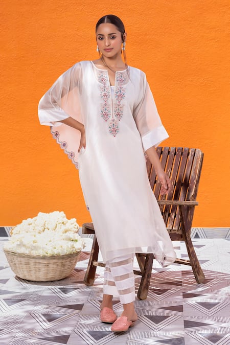 Shop_Janki India_Ivory Satin, Silk Embroidery Notched Neck Organza Kaftan Set 