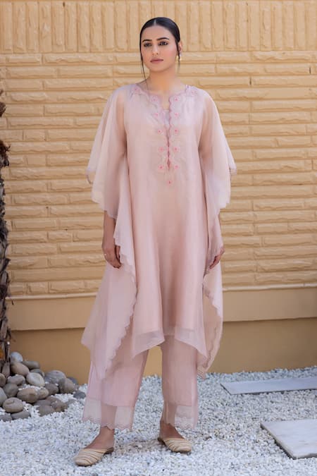 Janki India_Peach Satin, Silk Embroidery Round Neck Kaftan Set _Online_at_Aza_Fashions