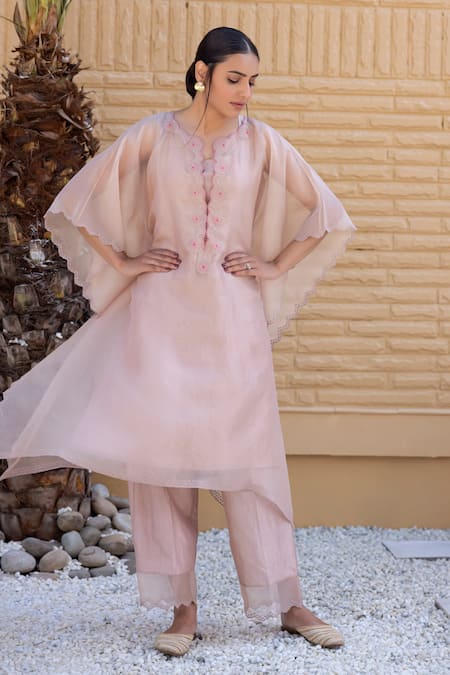 Buy_Janki India_Peach Satin, Silk Embroidery Round Neck Kaftan Set _Online_at_Aza_Fashions