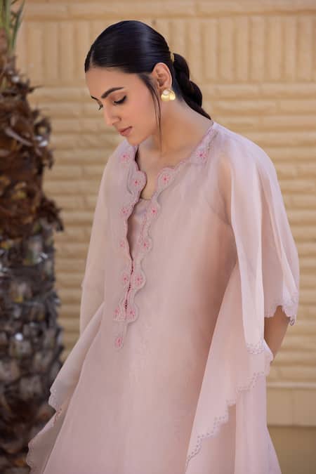 Shop_Janki India_Peach Satin, Silk Embroidery Round Neck Kaftan Set _Online_at_Aza_Fashions