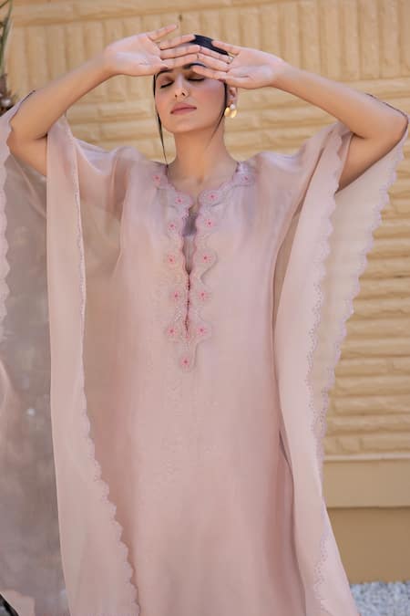 Janki India_Peach Satin, Silk Embroidery Round Neck Kaftan Set _at_Aza_Fashions
