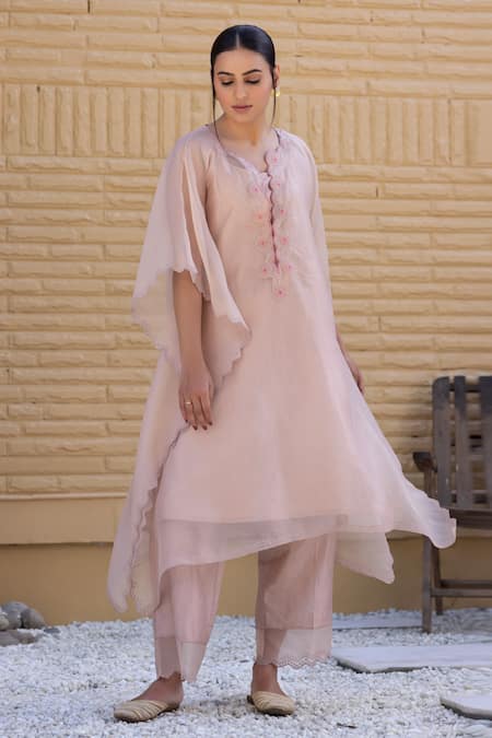 Buy_Janki India_Peach Satin, Silk Embroidery Round Neck Kaftan Set 