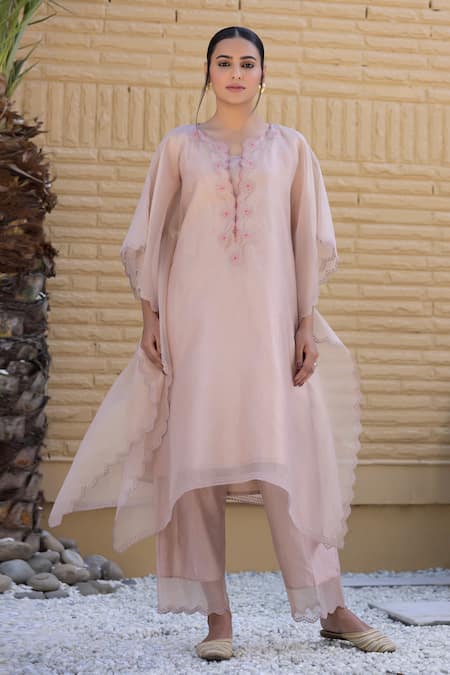 Janki India Peach Satin, Silk Embroidery Round Neck Kaftan Set 