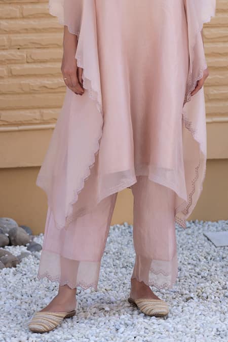 Shop_Janki India_Peach Satin, Silk Embroidery Round Neck Kaftan Set 