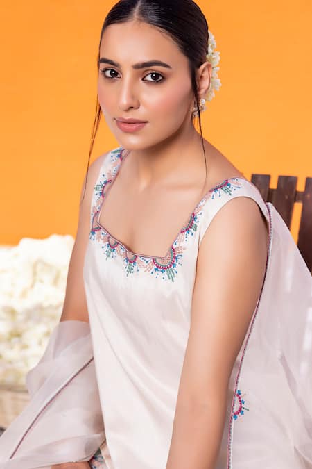 Janki India_Ivory Satin, Organza Embroidery Square Neck Sharara Set _Online_at_Aza_Fashions