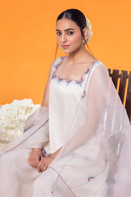 Buy_Janki India_Ivory Satin, Organza Embroidery Square Neck Sharara Set _Online_at_Aza_Fashions