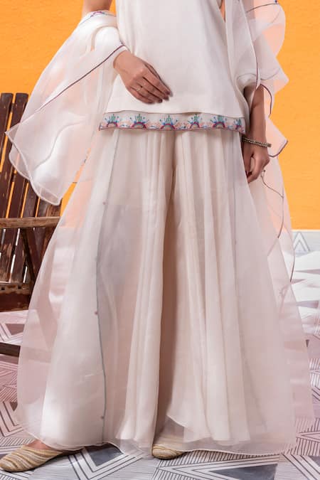 Shop_Janki India_Ivory Satin, Organza Embroidery Square Neck Sharara Set _Online_at_Aza_Fashions