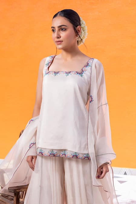Janki India_Ivory Satin, Organza Embroidery Square Neck Sharara Set _at_Aza_Fashions
