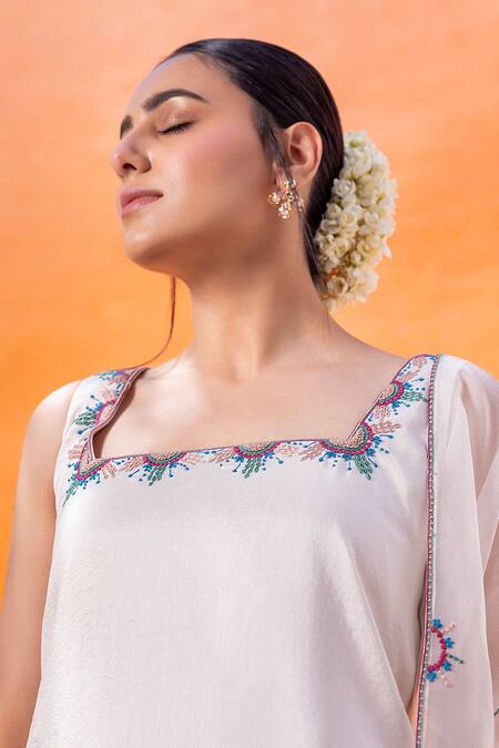 Buy_Janki India_Ivory Satin, Organza Embroidery Square Neck Sharara Set 