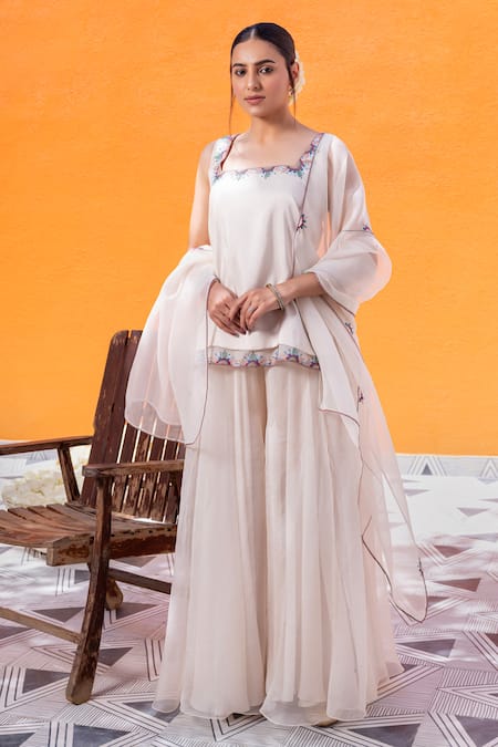 Shop_Janki India_Ivory Satin, Organza Embroidery Square Neck Sharara Set 