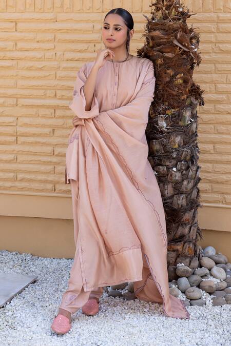 Janki India_Rose Gold Satin, Silk Embroidery Round Neck Chanderi Kurta Set _at_Aza_Fashions